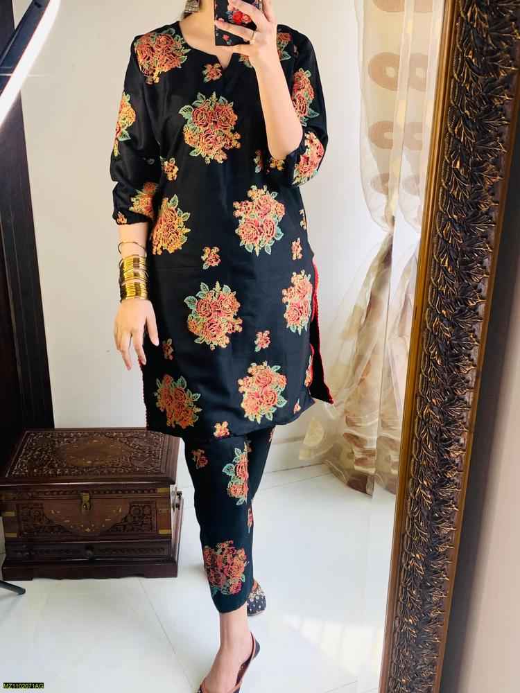 2 Pcs Women's Stitched Linen Printed Shirt And Trouser