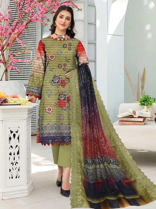 3 Pcs Women's Unstitched Lawn Embroidered Suit