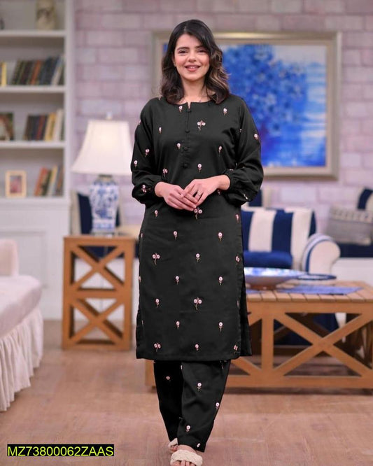 2 Pcs Women's Stitched Linen Embroidered Shirt And Trouser
