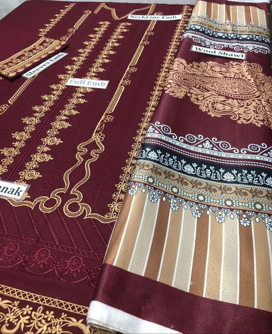 3 Pcs Women's Unstitched Danak Embroidered Suit