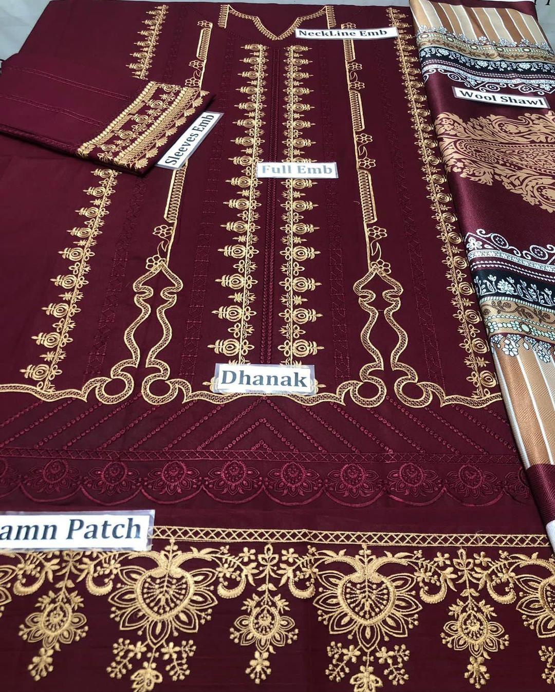 3 Pcs Women's Unstitched Danak Embroidered Suit