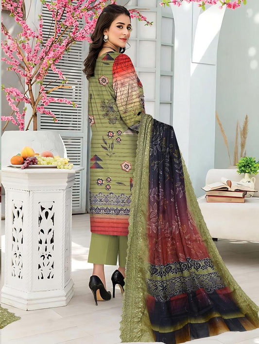 3 Pcs Women's Unstitched Lawn Embroidered Suit