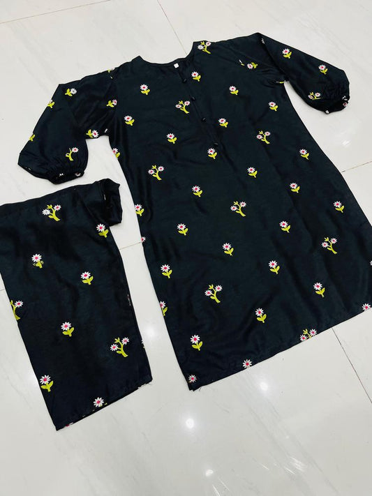 2 Pcs Women's Stitched Linen Embroidered Shirt And Trouser
